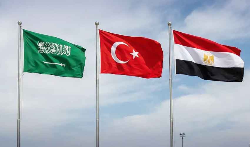 Saudi, Turkish, and Egyptian flags fly as their envoys meet for talks on the Middle East and GCC
