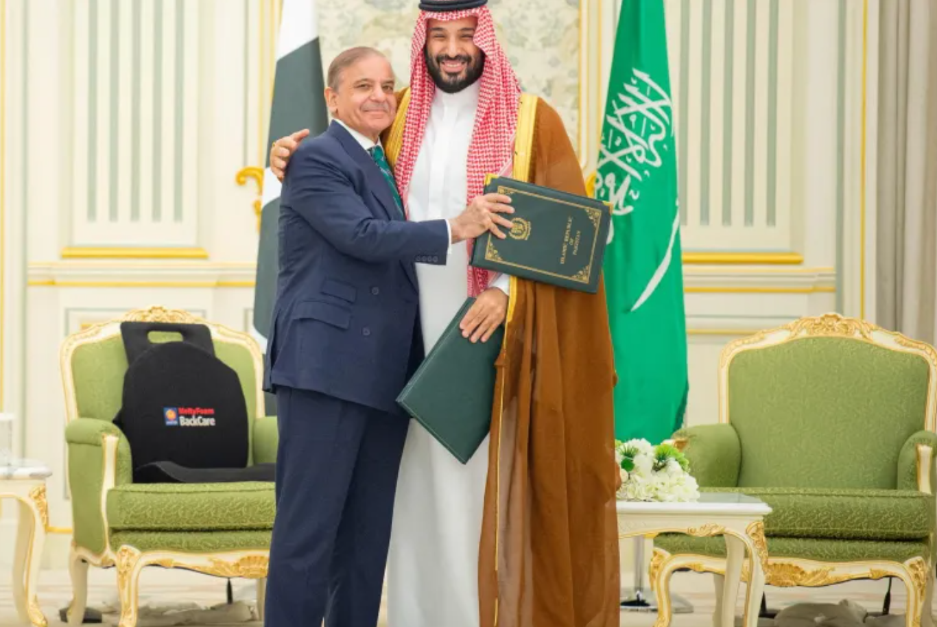 Saudi Crown Prince Mohammed bin Salman and Pakistan Prime Minister Shehbaz Sharif embrace after signing a mutual defence agreement in Riyadh, September 17, 2025.
